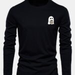 Long Sleeve Ghost Drinking Coffee Print Cotton T-Shirt