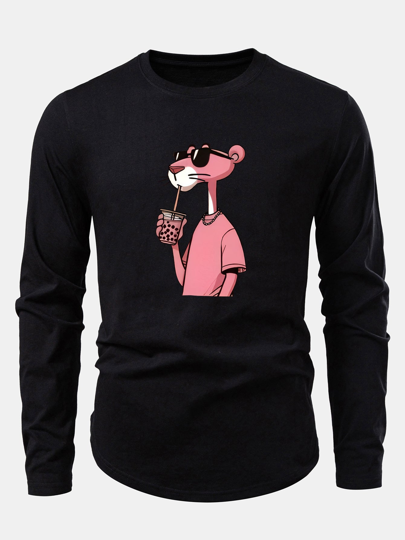 3_XzY4FP-1.jpg Pink Panther Print Cotton Arc Hem T-Shirt - Image 1
