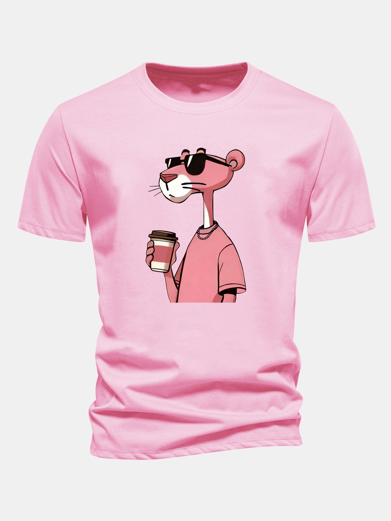3_aIjC4I-1.jpg Regular Fit Pink Panther Drinking Coffee Print Cotton T-Shirt - Image 1