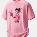 Relax Fit Pink Panther With V Sign Print Cotton T-Shirt