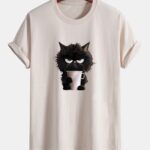 Regular Fit Black Cat Drinking Coffee Print Cotton T-Shirt