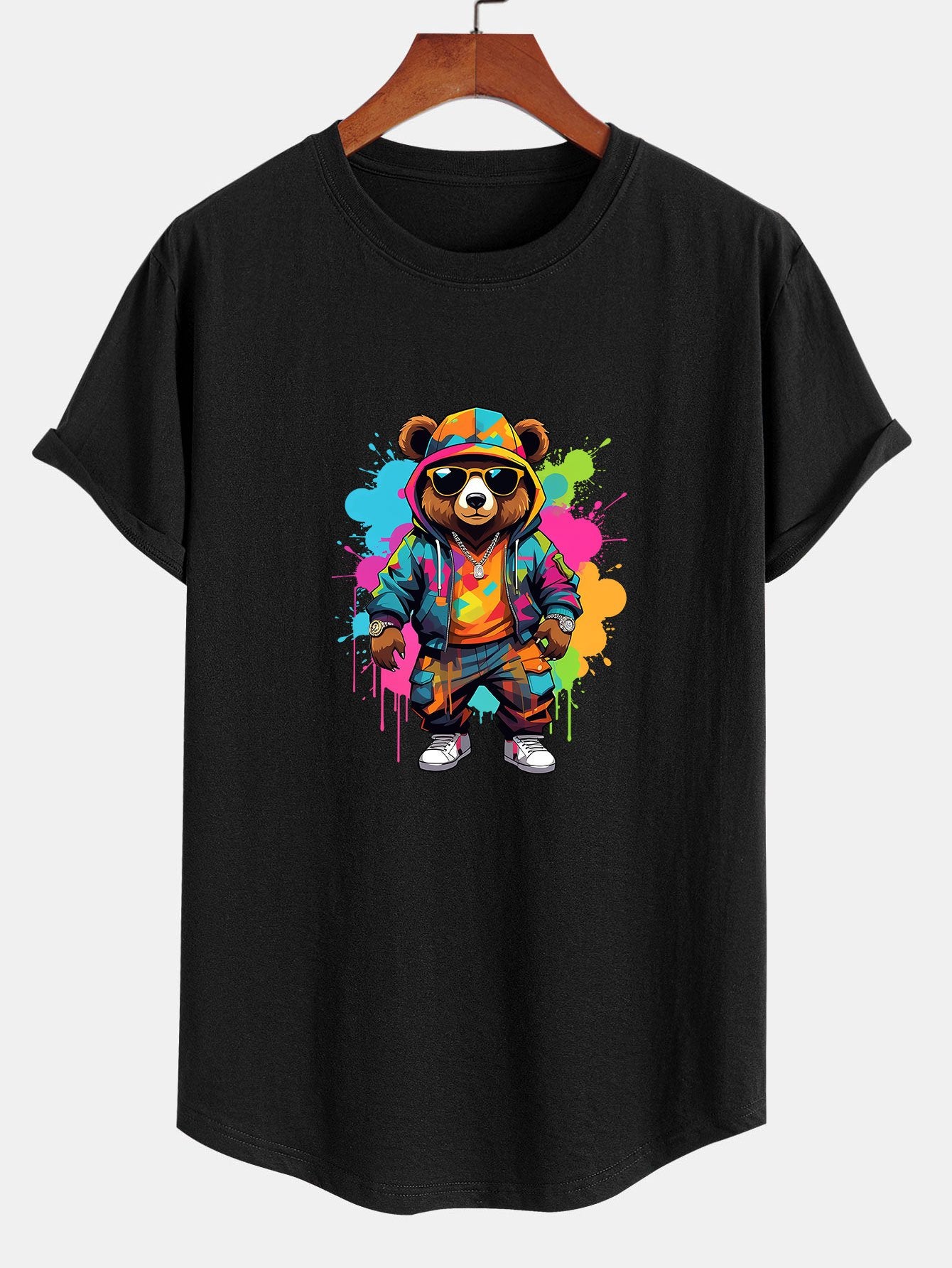 jpg_37039be5-88e7-4e5c-b801-6083994ea956-2.jpg Graffiti Bear Print Cotton Arc Hem T-Shirt - Image 1